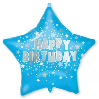 Szülinapi fólia lufi – Kék csillagos „Happy Birthday” felirattal 46cm kép