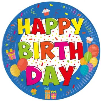 Vidám színes szülinapi ;Happy Birthday; feliratú papírtányér 8db-os szett kép